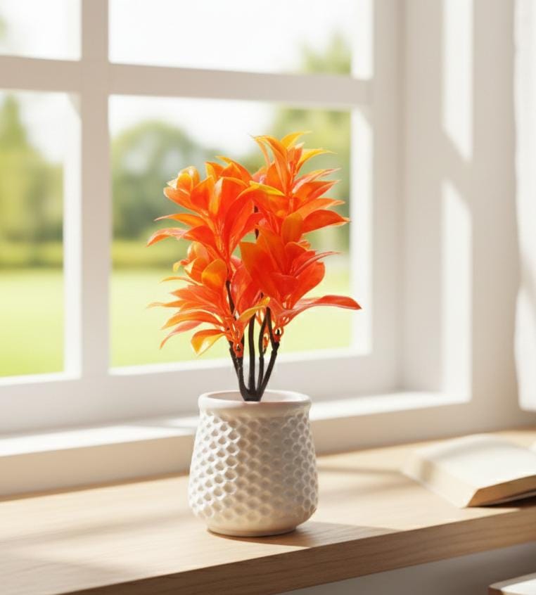 Artificial Vibrant Orange Plant – Stylish Indoor Decor with White Textured Pot