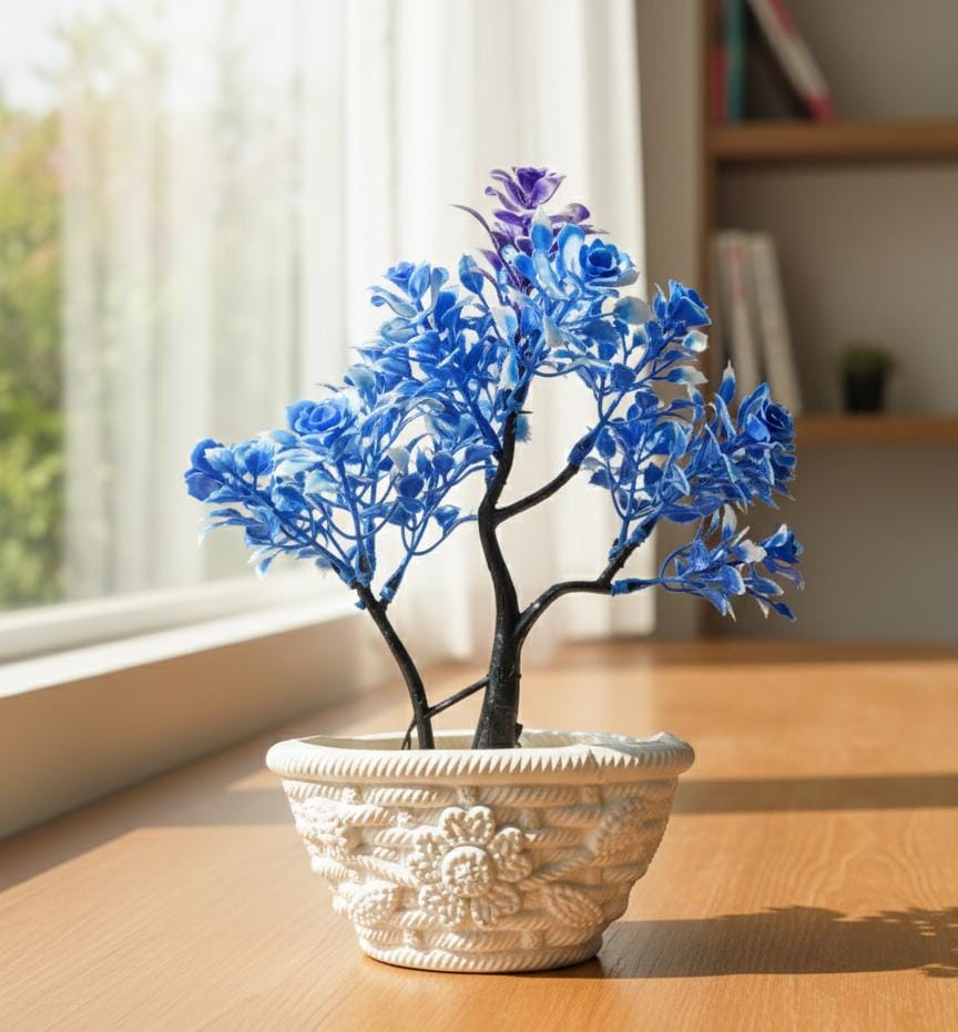 Decorative Artificial Blue Rose Bonsai Plant – Elegant Indoor Decor with Floral Pot