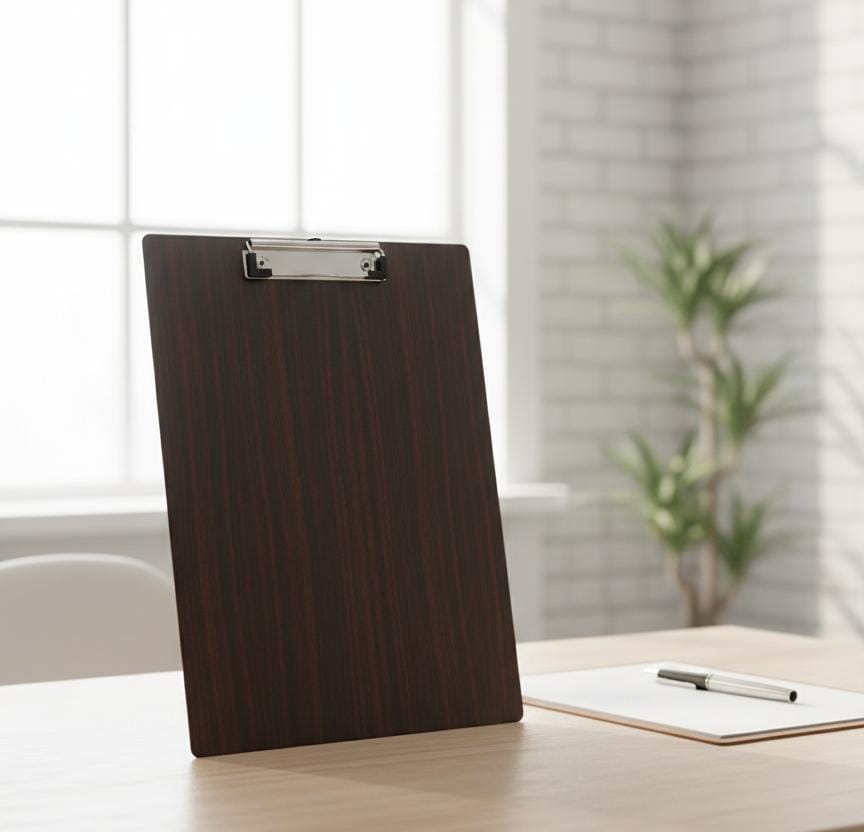 Durable A4 Writing Pad Clipboard – Dark Wood Pattern – Perfect for Exams, Office & Sketches
