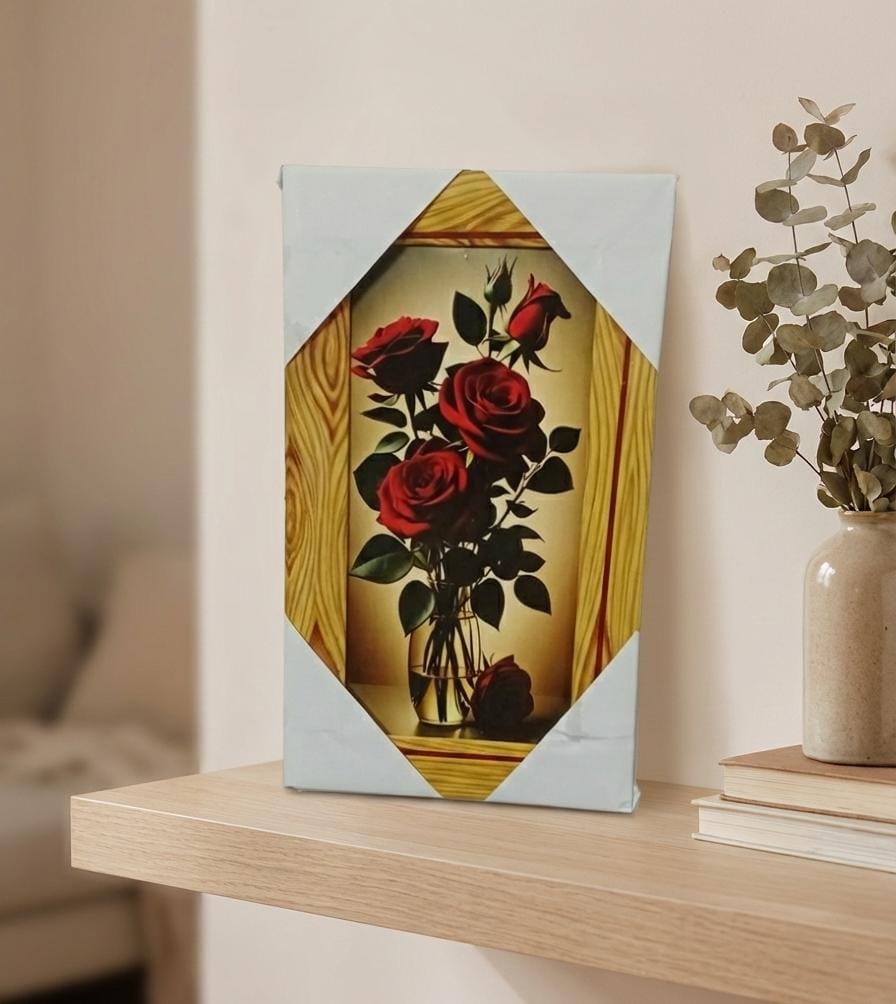 Classic Red Roses in Glass Vase Wall Art – Elegant Floral Painting for Home Decor