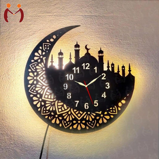 Islamic Wooden Wall Clock with Premium Light
