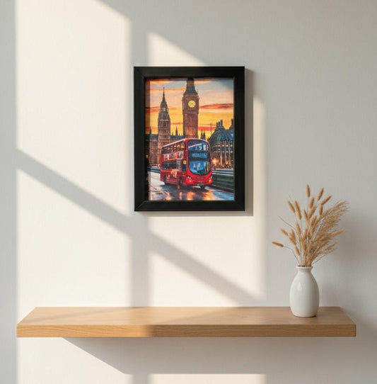 Vintage London Red Bus and Big Ben Sunset – Premium Framed Wall Decor