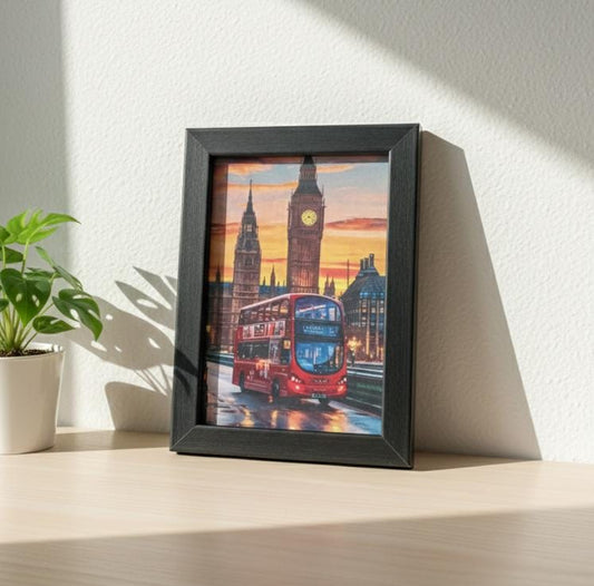 Vintage London Red Bus and Big Ben Sunset – Premium Framed Wall Decor