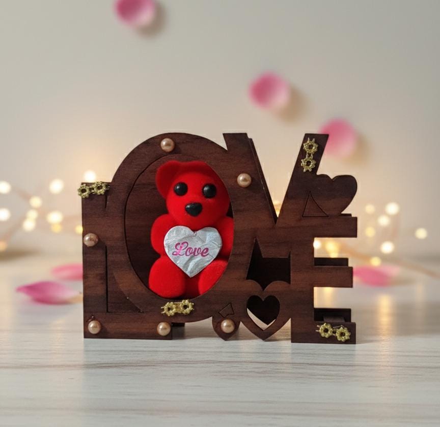 Wooden LOVE Table Decor with Red Teddy Bear – Romantic and Elegant Gift Item