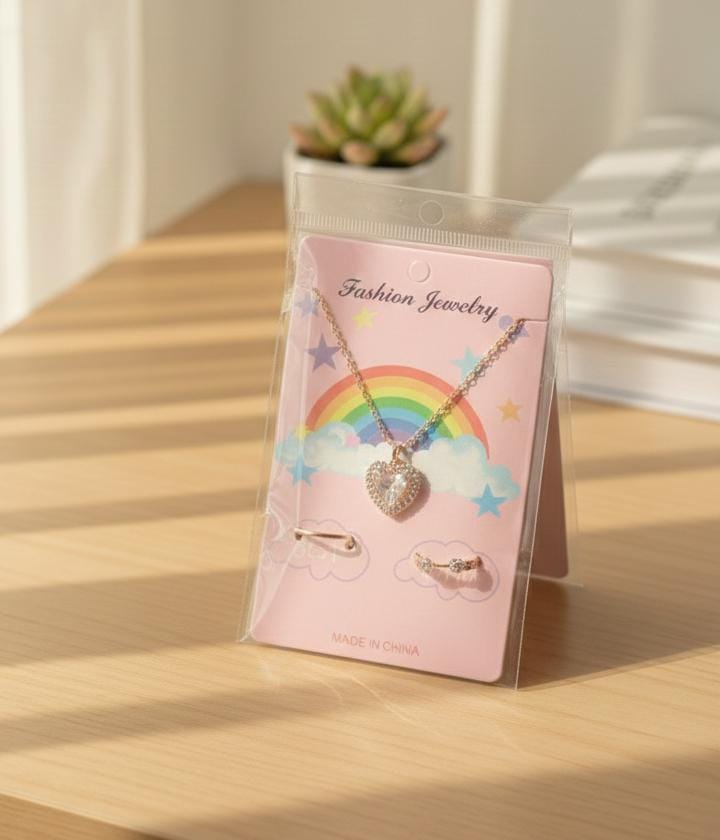 Sparkling Crystal Heart Pendant and Ring Set – Magical Jewelry for Girls