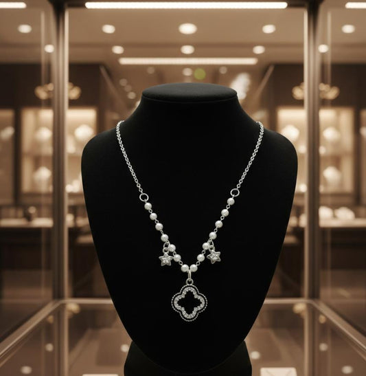 Elegant Silver-Tone Pearl Necklace with Clover Pendant &amp; Star Charms