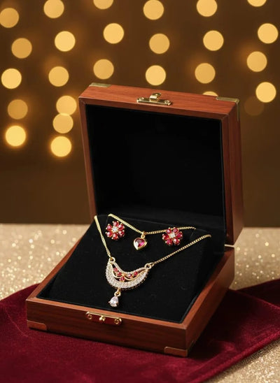 2 Layered Gold Plated Crystal Pendant Set – Elegant Dual-Chain Design